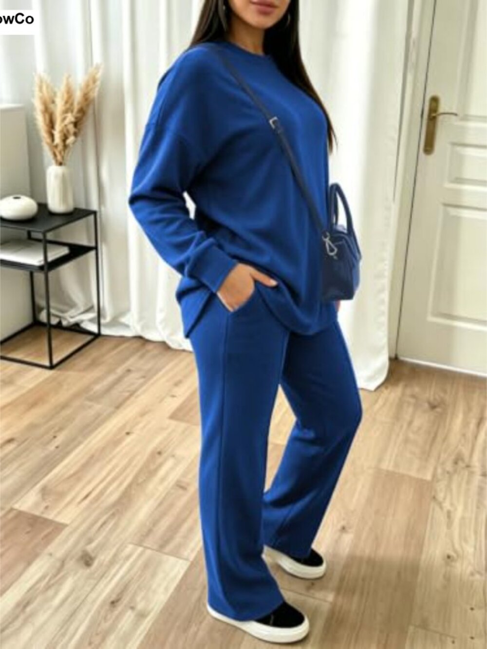 Women 2 Piece Lounge Set Crewneck Sweatshirt Wide Leg Pants - Picture 2 of 5